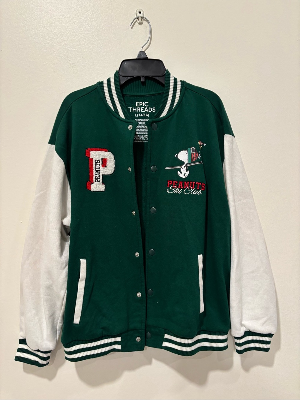 Epic Threads Peanuts Ski Club Letterman Jacket - Green & White